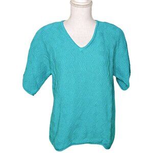Vintage Womens Jeanne Pierre Short Sleeve Sweater Turquoise Blue Cotton Sz Small